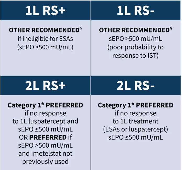 Table showing NCCN guidelines recommendations for RYTELO based on first and second line patient types.