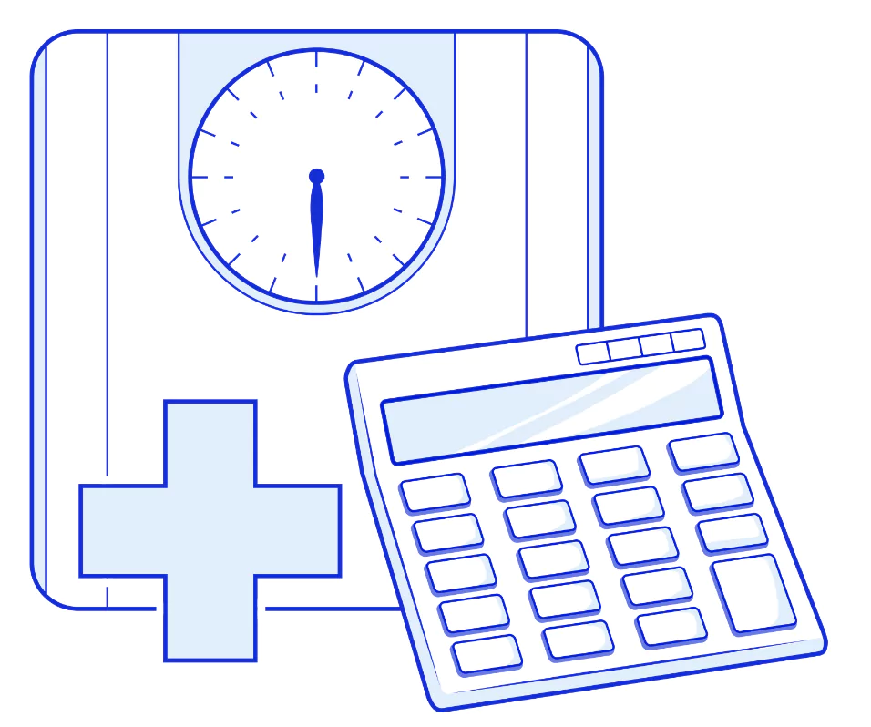Step 1 illustration of a scale and a calculator.