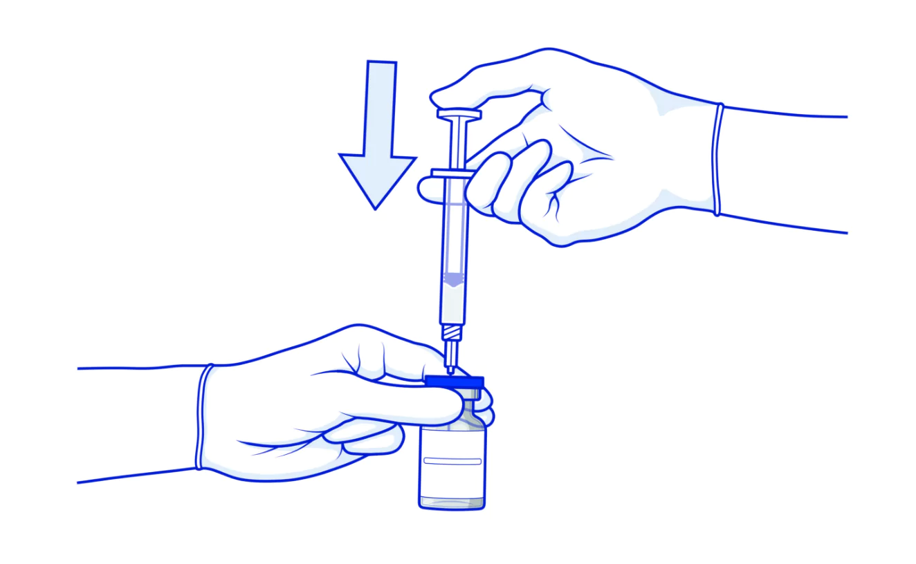 Step 4 illustration of a syringe drawing medicine from a vial.