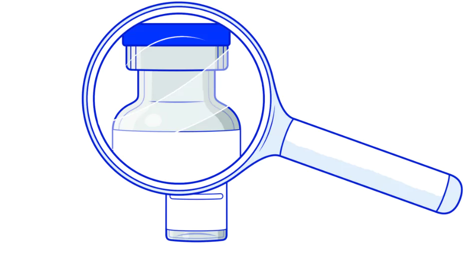 Step 6 illustration of a magnifying glass looking at a vial.