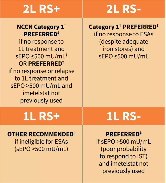Table showing NCCN guidelines recommendations for RYTELO based on first and second line patient types.